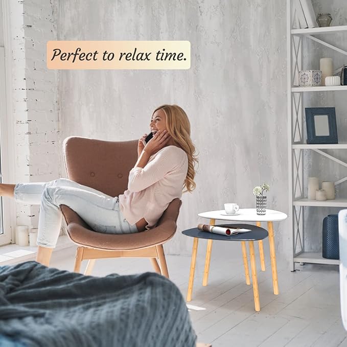 Bambloom Bamboo Nesting Coffee Tables - Small Coffee Table for Living Room, Set of 2 Triangle End Table Modern Side Table for Bedroom Apartment Balcony Yard Small Spaces, (White & Gray)