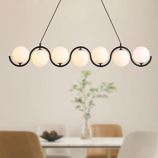 Black Chandelier 7 Light mid-Century Glass Bubble Chandeliers Globe Pendant Light Linear Dining Room Chandelier for Kitchen Island Living Room,Bedroom Room,Hallway.