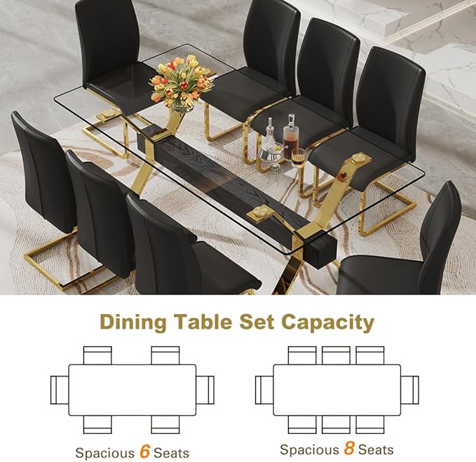 71'' Glass Dining Table Set for 8,9 Piece Dining Table Set with Open‑Frame X‑Shaped Golden Metal Base,Gold Kitchen Table and Chairs Ideal for Dining Room&Home Office