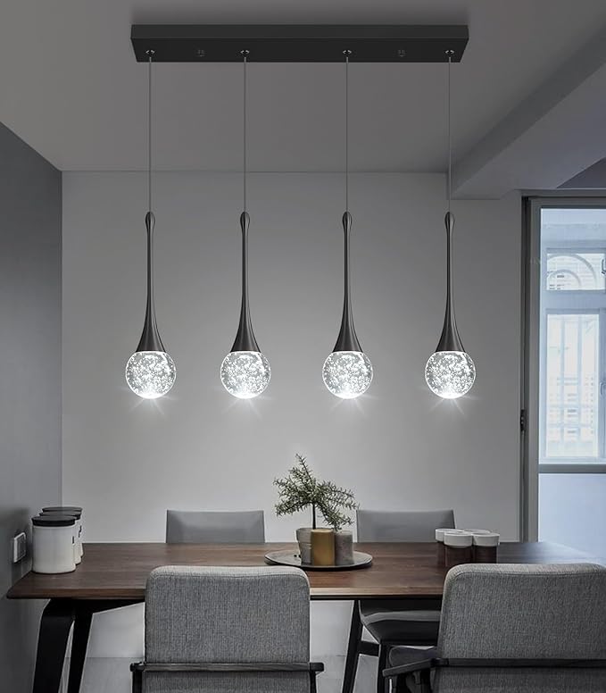 4-Lights Modern Pendant Lights for Kitchen Island LED Dimmable Crystal Glam Ceiling Pendant Lighting Chandelier for Dining Room Hallway Bedroom Black