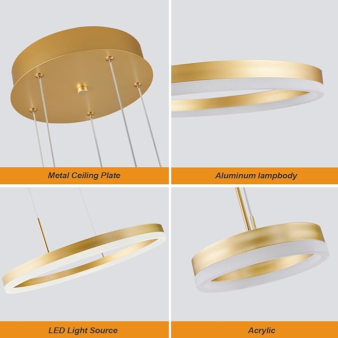 Modern Gold Chandelier Ring LED Dimmable Pendant Light Ceiling Light Fixtures 5 Rings Circle Geometric Chandeliers for Dining Room Living Room Entryway Bedroom Hallway Foyer