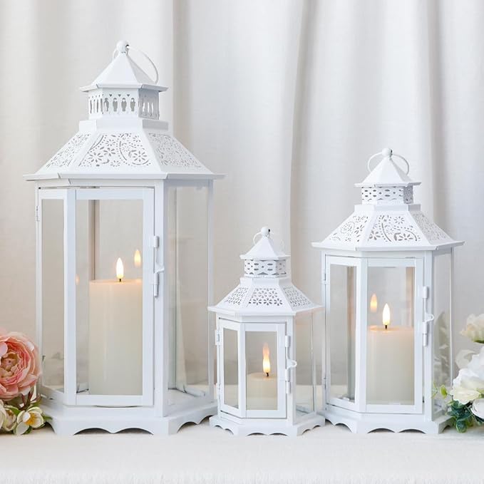 TRIROCKS Set of 3 Decorative Candle Lanterns18''&13"&10" H Hexagonal Candle Holder Vintage Metal Hanging Lantern with Tempered Glass for Garden Patio Wedding Event Indoors Outdoors(White)