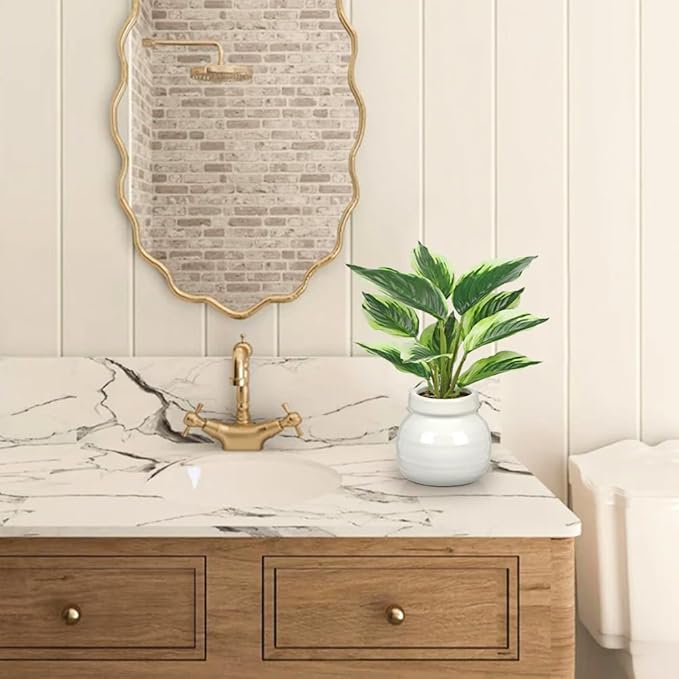 Small Fake Plants Indoor 11 Inch Potted Plant Artificial Decor 10 Leaves Faux Plant with White Ceramic Pot Silk House Plants for Home Office Bathroom Kitchen Farmhouse Table Centerpieces Shelf Decor