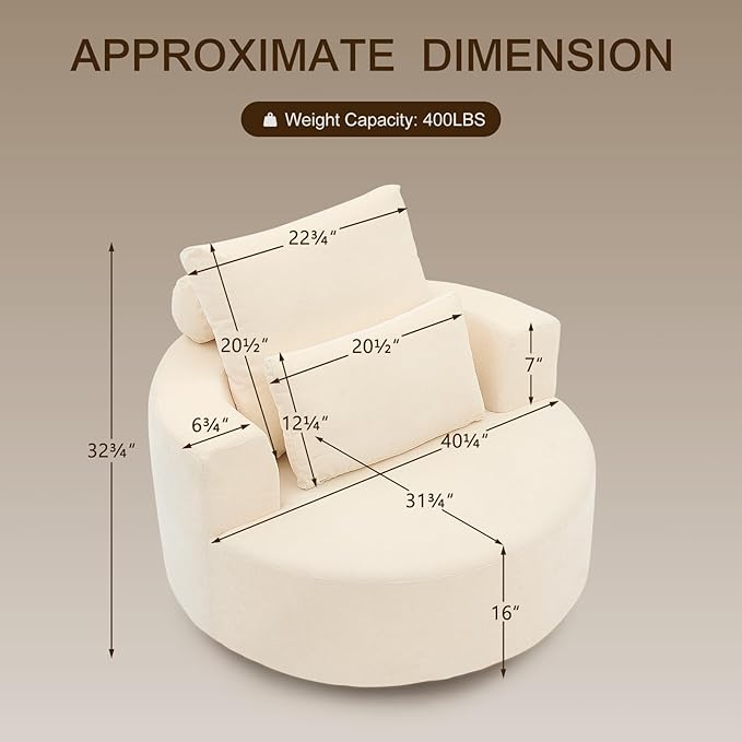 Furnimart Oversized Barrel Accent Chair, 360° Swivel Round Upholstered Sofa, Chenille High-Resilience Sponge, No Assembly Wide Seat for Living Room, Bedroom, Apartment (Beige)