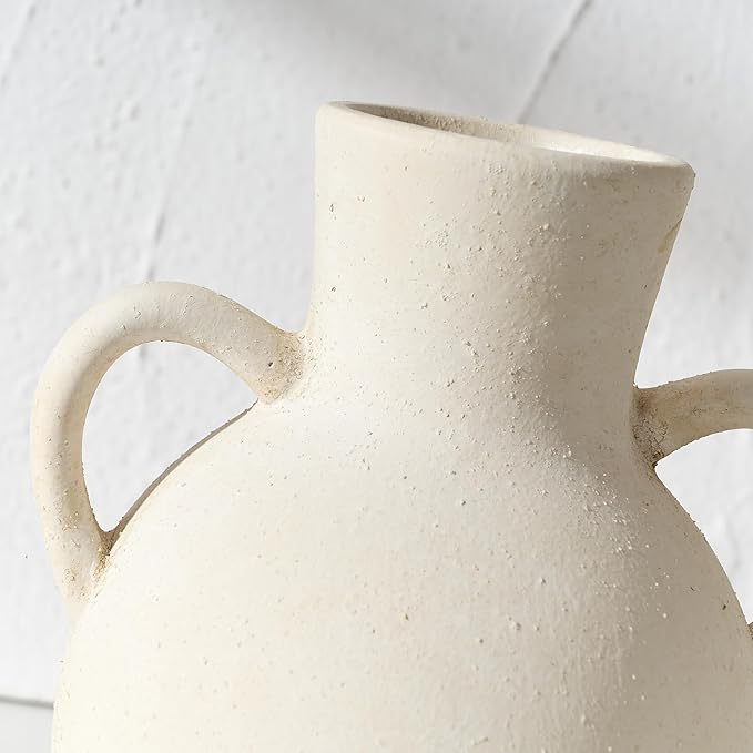 SIDUCAL Rustic Ceramic Farmhouse Flower Vase with 2 Handles, Terracotta Vase, Decorative Pottery Flower for Home Decor, Table, Wedding, Living Room, Shelf Decor, 7.3 Inch, White