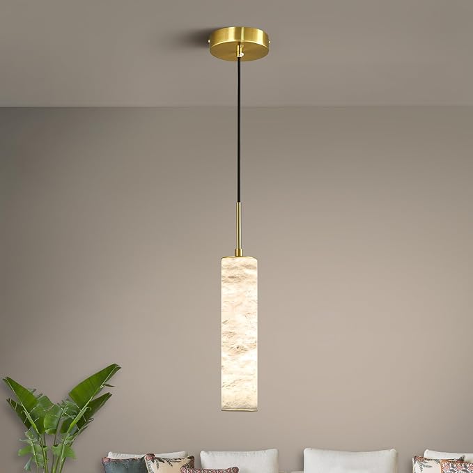LMQNINE Natural Alabaster Pendant Lights for Kitchen Island White Marble Long Tube Chandelier Modern Gold Ceiling Light Fixtures for Bedroom Dining Room Table Living Room Hallway(S-1Pack)