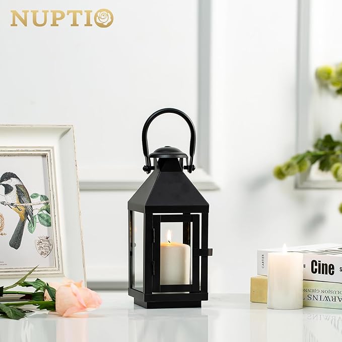 Nuptio Garden Lanterns for Pillar Candles Tall Vintage Style Metal Candle Holder Halloween Hanging Decorative Lantern for Wedding Christmas Parties Indoor Outdoor 8.7in