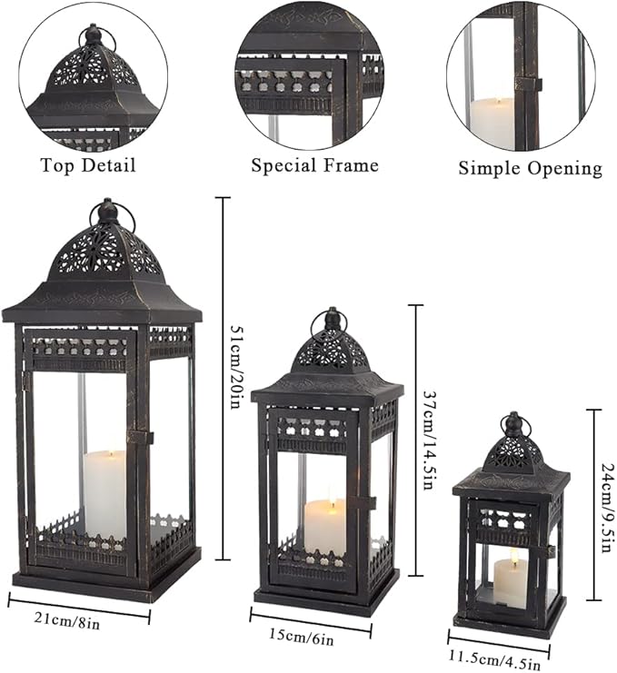 JHY DESIGN Set of 3 Decorative Candle Lanterns20&14.5"&9.5" High Vintage Style Hanging Lantern, Metal Candleholder for Indoor Outdoor, Events, Parities and Weddings（Black with Gold Brush）