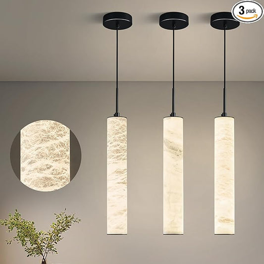 LMQNINE Natural Alabaster Pendant Lights for Kitchen Island White Marble Long Tube Chandelier Modern Black Ceiling Light Fixtures for Bedroom Dining Room Table Living Room Hallway(M-3Pack)