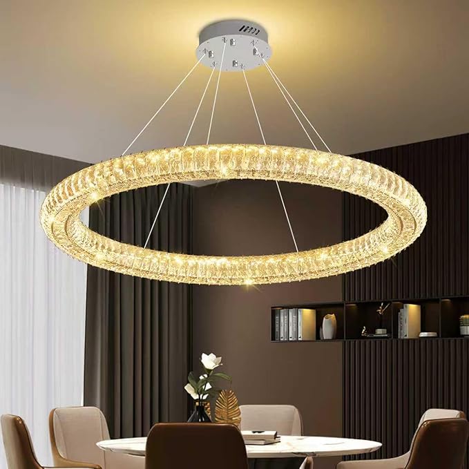 Modern Large 47.5" Ring Crystal Chandelier Dimmable LED Ring Pendant Light Adjustable Chrome Round Crystal Chandelier for Dining Room Living Room