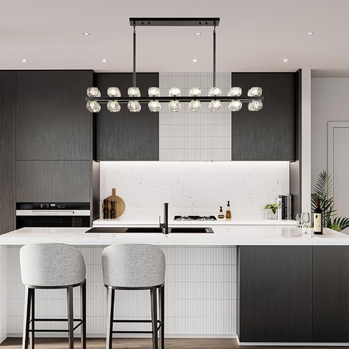 53" Linear Black Chandelier, 36 Lights Modern Crystal Chandelier for Dining Room, Island Lighting Fixture with Crystal Shades for Kitchen