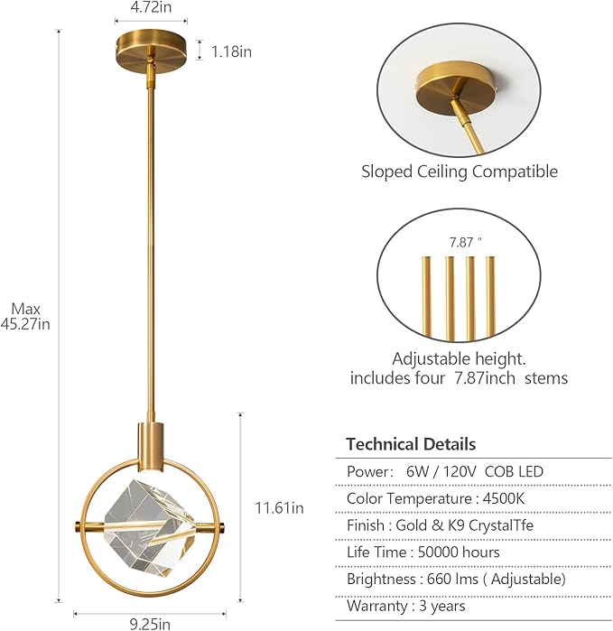 Modern Crystal Pendant Light in Gold Brushed Brass Finish Mini LED Light Fixtures Metal Rod Ceiling Gold Chandelier for Kitchen Island Bedroom Dining Room Bar(1-Lights)