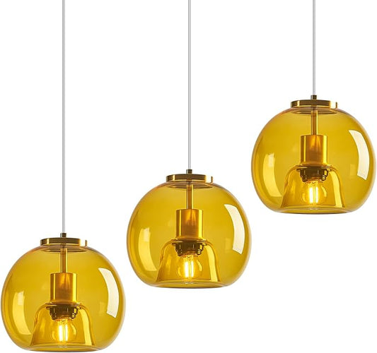 Yellow Glass Pendant Lights Kitchen Island Gold Hanging Light Fixture Glass Globe Pendant Light Modern Pendant Lighting for Kitchen Island Bedroom Dining Room (7.87", 3 Pack)