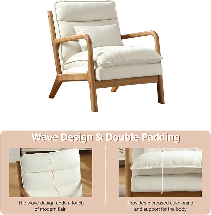 INZOY Accent Chairs Set of 2, Mid Century Modern Accent Chair with Wood Frame, Upholstered Reading Armchair with Waist Cushion, Side Chair for Living Room Bedroom Office, Easy Assembly, White