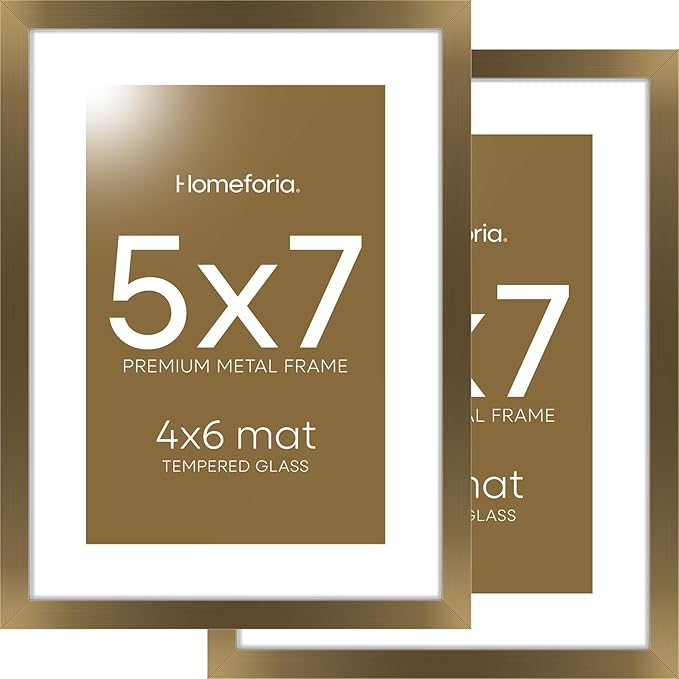 Homeforia 5x7 Picture Frame Bronze, High End Metal 5 x 7 Brass Frames with Mat 4 x 6 for Art, 5x7 Desk Frame Matted to 4x6 inch Photo, 5 by 7 Wall or Tabletop Frame, Tempered Glass, Wall Kit, Set of 2