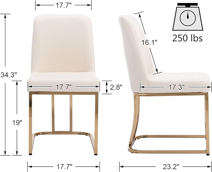 VESCASA Woven Faux Leather Upholstered Dining Chairs with Back, Mid Century Modern Chairs with Gold Metal Frame for Dining Room, Restaurant, Kitchen, Set of 2, Beige