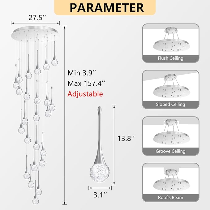 24 Light Modern Glam Crystal Chandelier for High Ceiling LED Dimmable Ceiling Pendant Light Staircase Foyer Enterway Living Room Chandelier Lighting Antique Silver