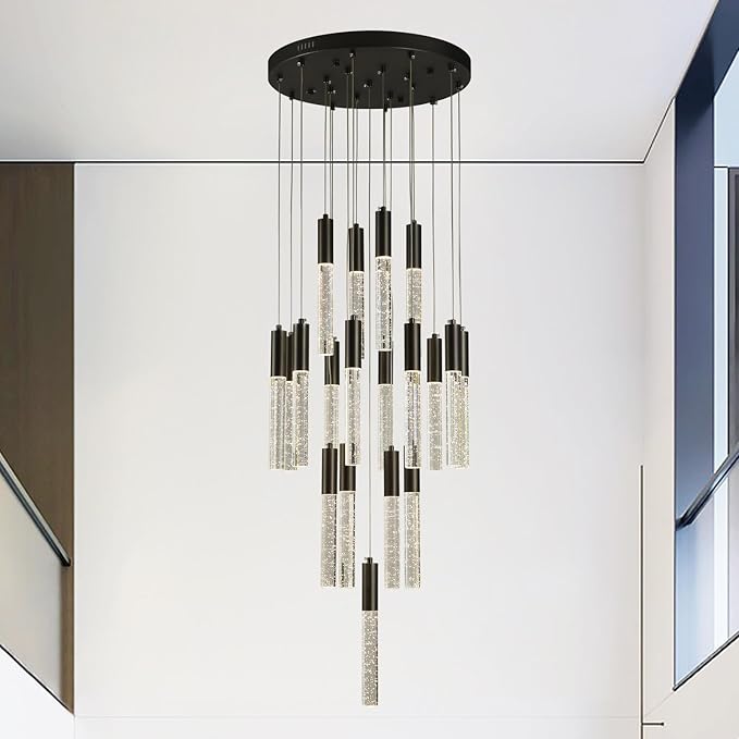 Modern Black Pendant Lights, Large Raindrop LED Hanging Lamps High Ceiling, Round Dimmable Crystal Chandeliers for Dining Room Living Room Staircase Farmhouse