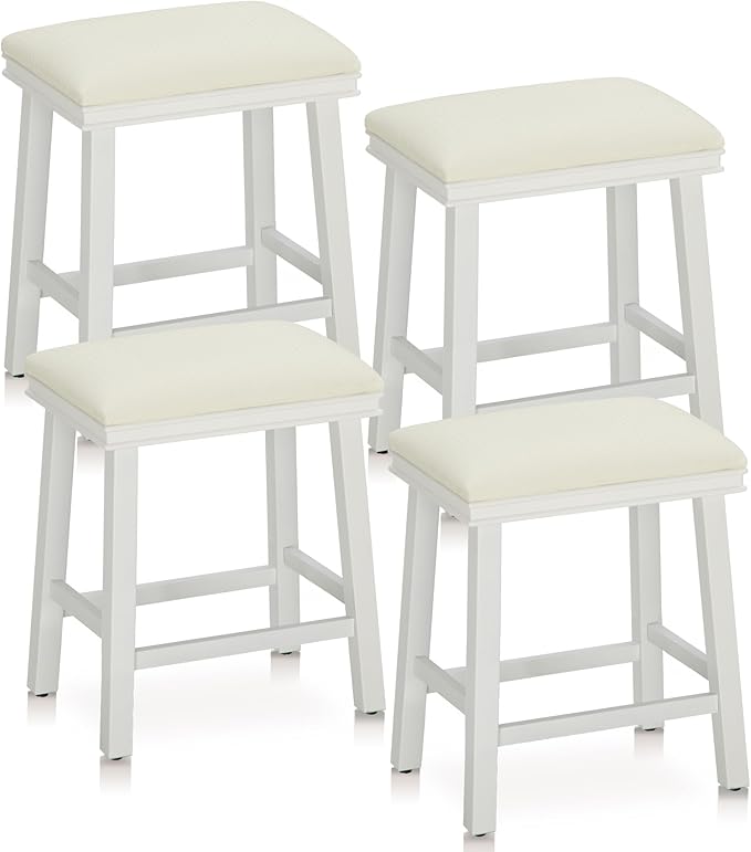 MAISON ARTS White Counter Height 24 inch Bar Stools Set of 4 for Kitchen Counter Solid Wood Legs with Faux Leather Padded Seat Farmhouse Barstools for 34"-38" Counter Island Upholstered Stools
