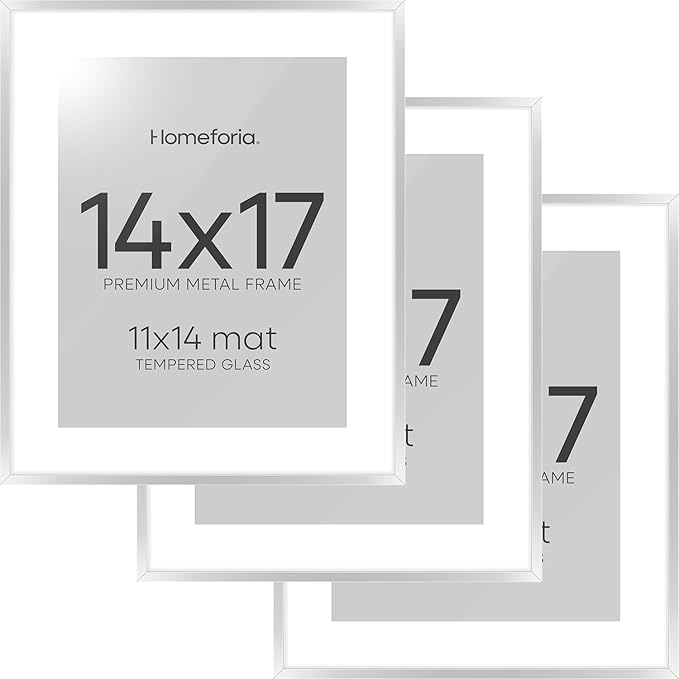 Homeforia Silver 14x17 Picture Frame, High End Metal 14 x 17 Frame with Mat 11 by 14 in Photo, 14x17 Silver Poster Frame Matted to 11x14 Print, 17x14 Hanging Frames, Tempered Glass, Wall Kit, Set of 3