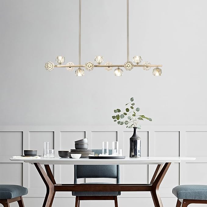 47" Linear Crystal Chandelier, 12 Lights Island Lighting Fixture for Kitchen, Brushed Nickel Modern Chandelier with Crystal Shades for Dining Room