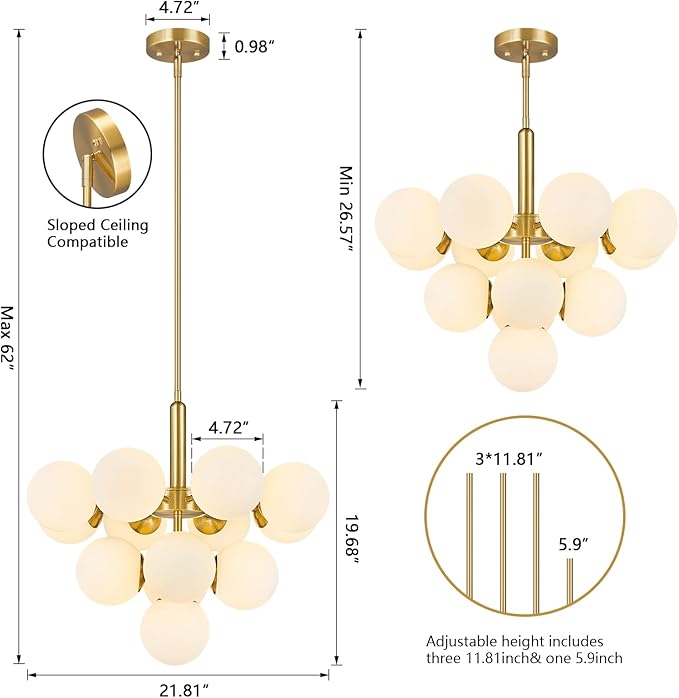 13 Lights Mid Century Modern Chandelier Gold Sputnik Chandelier Globe Pendant Lights with Milk White Glass Lampshade for Dining Room Living Room Foyer ‎‎Entryway