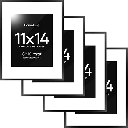 Homeforia Black 11x14 Picture Frame, High End Metal 11x14 Poster Frames with Mat 8x10, 11 x 14 Black Frame Matted to 8 x 10 inch Photo, 11 by 14 Thin Hanging Frames, Tempered Glass, Wall Kit, Set of 4