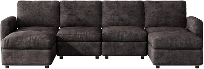 Cloud Couch Modular Sectional Sofa with Ottoman,6 Seat Combination (4 Seater and 2 Ottomans), Grey Corduroy L Shaped Couch, Comfy Modular Sofa for Living Room, Bedroom, Lounge