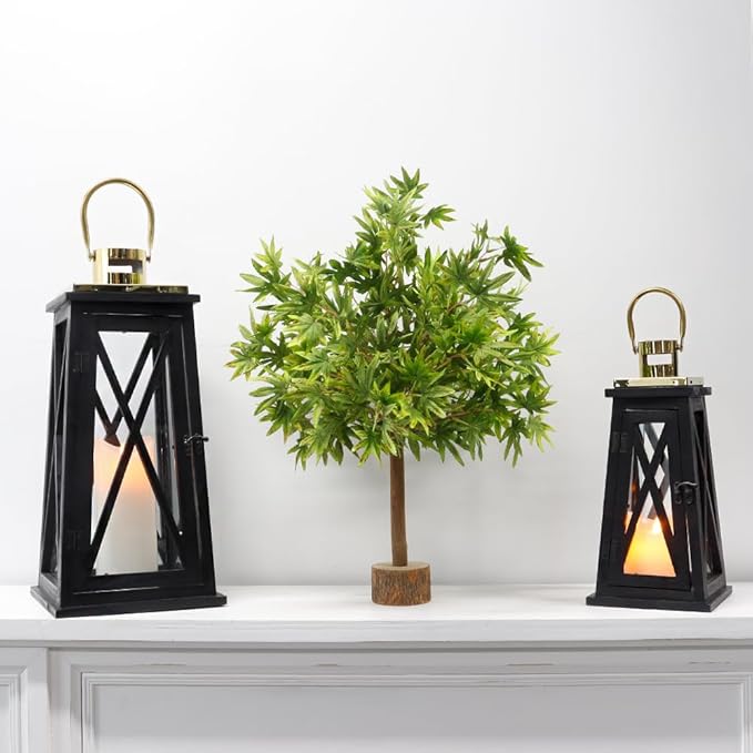 TRIROCKS Set of 2 Farmhouse Wooden Lantern 12''&18'' Metal Decorative Candle Holders with Tempered Glass Rustic Outdoor Lantern for Home Christmas Patio Wedding Parties Indoor Outdoor(Black Trapezoid)