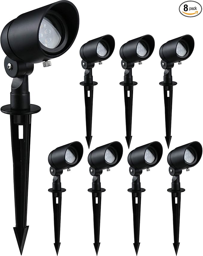 4W LED Landscape Lights Low Voltage Landscape Lighting Spotlights GL103-BKLED8 AC/DC 12V Warm White Waterproof for Driveway,Yard, Lawn,Patio,Walls,Trees,Flags,Outdoor Light (Black, 8 Pack)