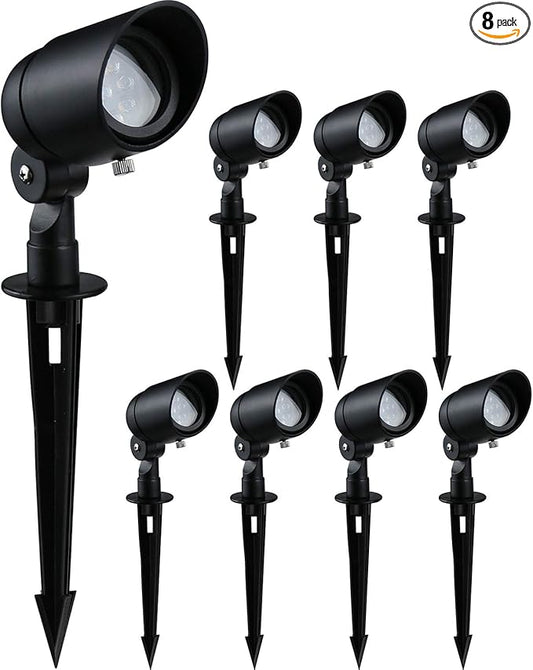 4W LED Landscape Lights Low Voltage Landscape Lighting Spotlights GL103-BKLED8 AC/DC 12V Warm White Waterproof for Driveway,Yard, Lawn,Patio,Walls,Trees,Flags,Outdoor Light (Black, 8 Pack)