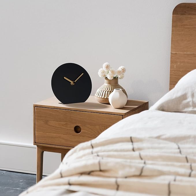 SOFFEE DESIGN 6'' One-Piece Table Clocks Without Scale Modern Minimalist Style Decoration, Iron Silent Quartz Desk Clock Creative Ornaments, Battery Operated Non Ticking for Home Office, Black