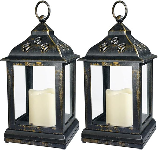 Bright Zeal 2-Pack 9.5" Distressed Bronzes Indoor Candle Lantern with LED Flameless Candle - Battery Operated Lanterns Indoor Decorative Lanterns with Timer Candles
