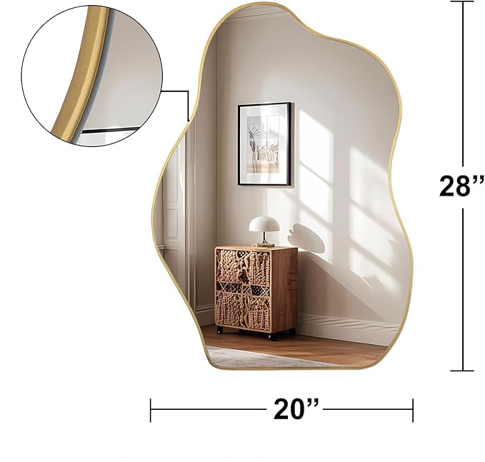BOMINICA Irregular Wall Mirror Asymmetrical Mirror, Decorative Wall Mirror Golden Wood Framed, Wall Mounted Mirror for Bathroom Living Room Entryway Bedroom Hallway (Gold, 20" x 28")