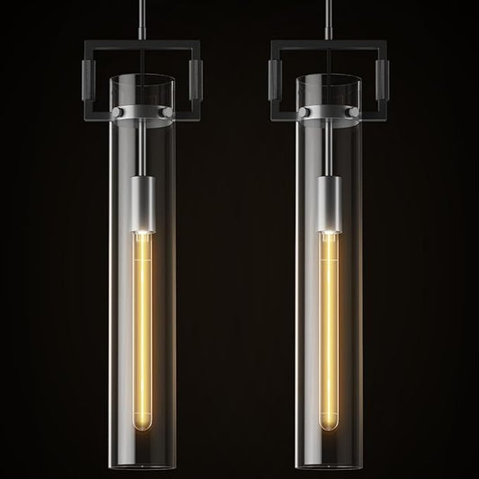 Modern Large Black Pendant Light Fixture Set of 2-21.6 Inch Adjustable Hanging Chandelier with Glass Shade & Brass Finish, Farmhouse Island Lighting for Kitchen, Dining Room, Bathroom