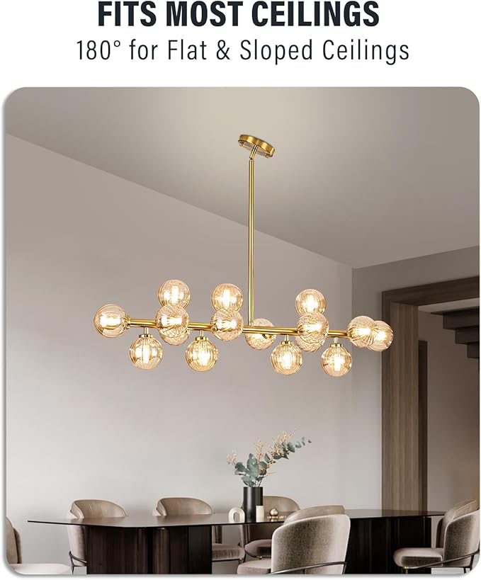 Glass Globe Sputnik Chandelier, 16-Light Mid Century Modern Light Fixture Over Table, Linear Chandeliers for Dining Room, Kitchen Island, Brass Gold and Amber Bubble, 40 Inch, GC-02