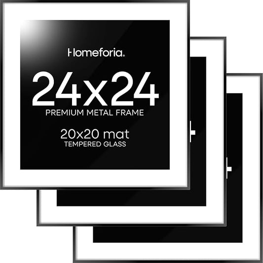 Homeforia 24x24 Picture Frame Black, High End Metal 24 x 24 Large Square Poster Frame Matted to 20 x 20 in Photo, 24by24 Thin Black Frames with Mat 20x20 inch Print, Tempered Glass, Wall Kit, Set of 3