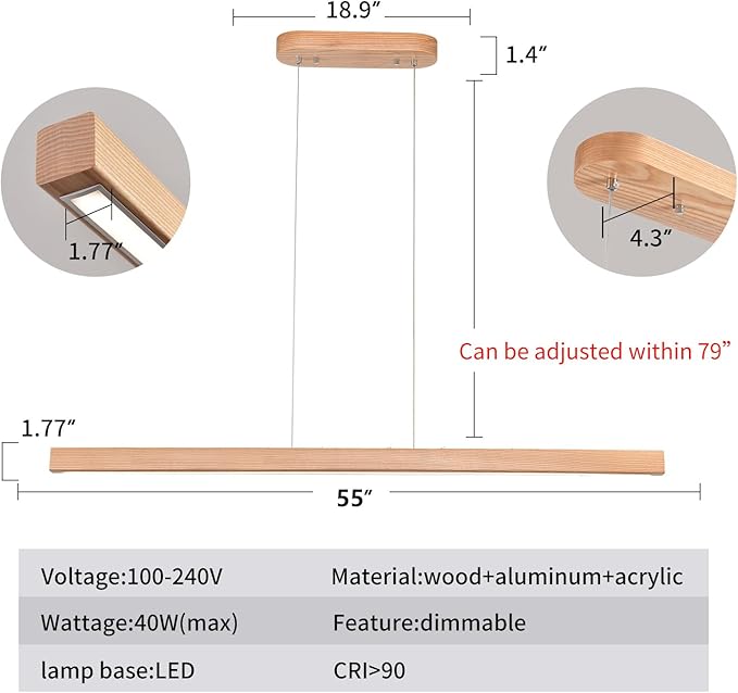 55" Wood Linear Pendant Modern Kitchen Island Light Fixture with Remote Solid Wooden Hanging Ceiling Light Chandeliers for Dining Room Kitchen Pendant Lighting Over Island Natural