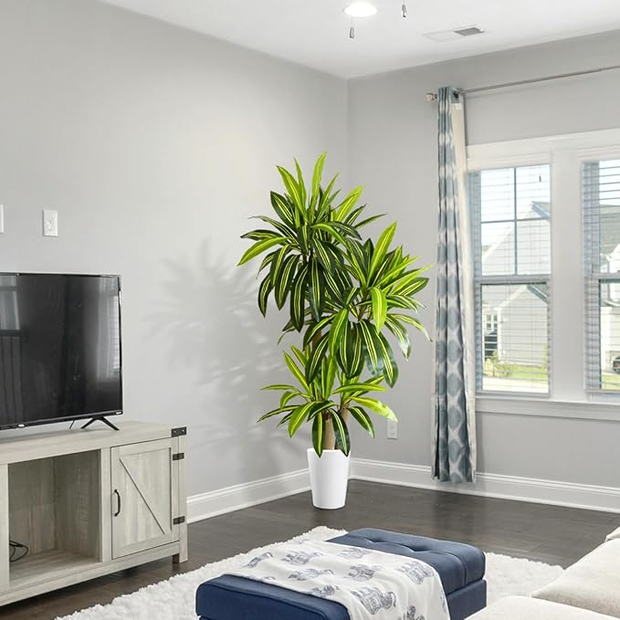 Artificial Dracaena Tree, 6ft Tall Fake Dracaena Plant with Basket, Indoor Outdoor Faux Topiary Yucca Trees for Office Home Living Room Porch Patio Décor