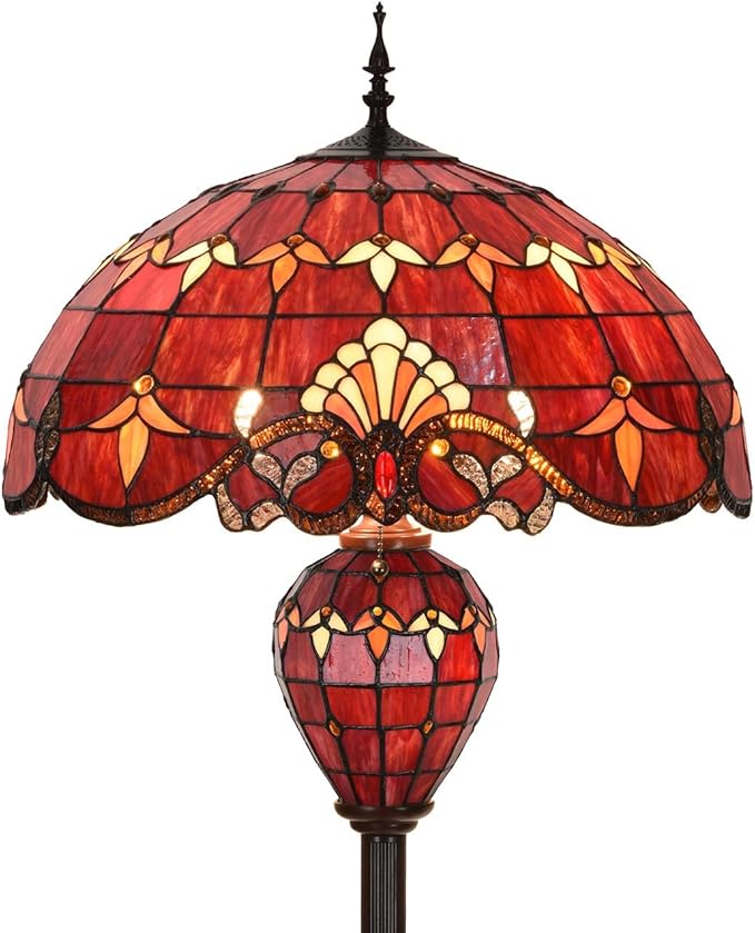 Bieye L10887 Baroque Tiffany Style Stained Glass Double Lit Floor Lamp for Home Decor 64-inch Tall (20-inch Wide, Red)