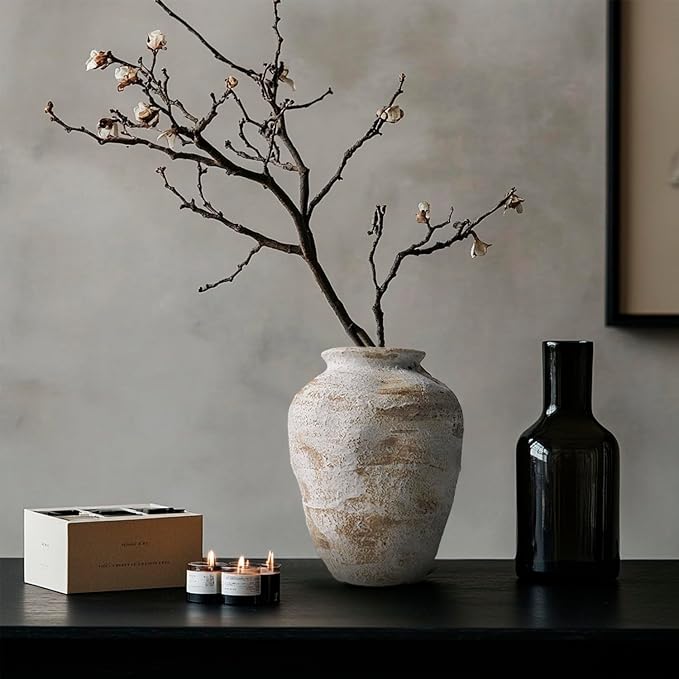Ceramic Farmhouse Vase Rustic Decor,Pottery Decorative Flower Vases for Home Decor,Boho Vase for Table, Living Room,Bathroom,Shelf,Mantel Decoration,7.7 inch