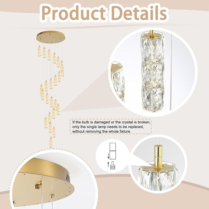 Modern Crystal Chandelier 24-Lights Gold Chandelier Lighting Fixture High Ceiling Chandelier Suitable for Living Room Staircase Villa