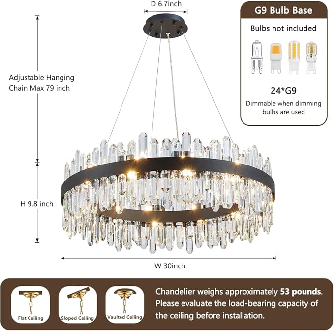 Round Modern Crystal Chandelier, Black Luxury K9 Crystal Raindrop Chandelier, Adjustable Height Pendant Ceiling Light for Dining Living Room Kitchen Island D30