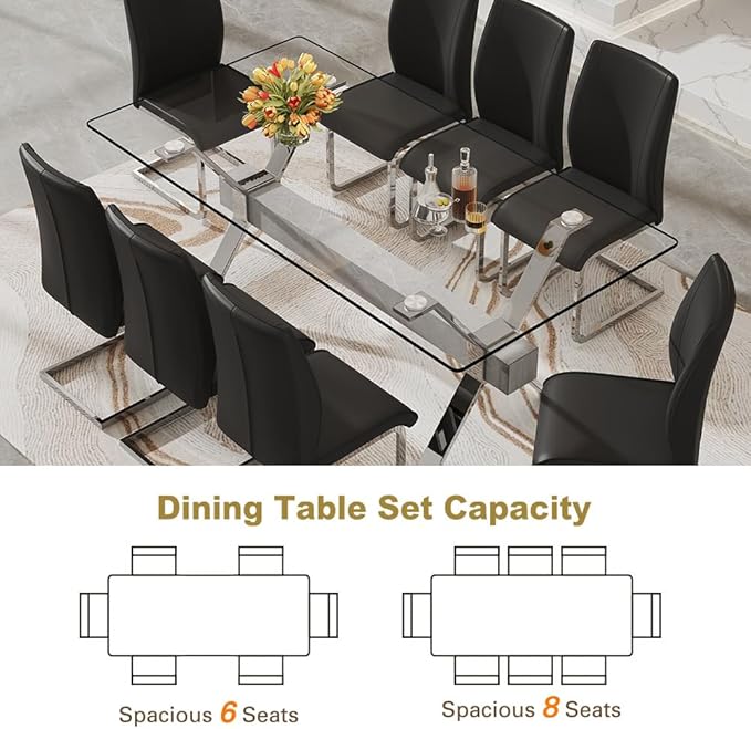 71'' Glass Dining Table Set for 8,9 Piece Dining Table Set with Tempered Glass Tabletop and Open‑Frame X‑Shaped Metal Base,Kitchen Table and Chairs Ideal for Dining Room&Home Office