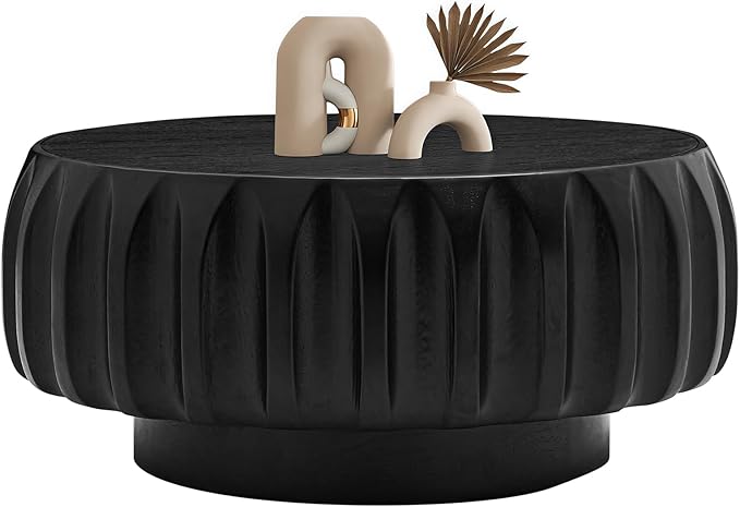 31.5" Drum Coffee Table Modern Round Coffee Table Wood Fluted Centry Table with Solid Wood Veneer for Living Room, Easy Assemble, Black