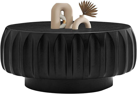 31.5" Drum Coffee Table Modern Round Coffee Table Wood Fluted Centry Table with Solid Wood Veneer for Living Room, Easy Assemble, Black