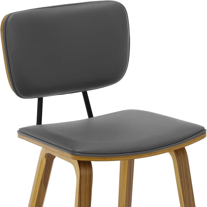 Counter Height Bar Stools, PU Leather Upholstered Barstools with Backs, Bent Wood Legs, 26 Inch Seat Height, Mid Century Modern Counter Stools for Kitchen Island, Grey