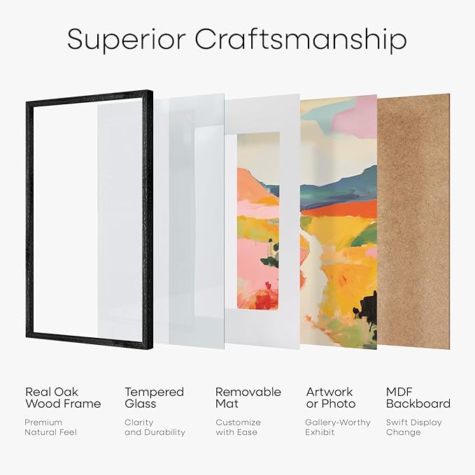 Homeforia 8x6 Black Wood Frame, High End Oak 6x8 Black Wooden Picture Frames with Mat 5x7 Art, 6 x 8 Frame Matted to 5 by 7 inch Photo, 6x8 Wall or Tabletop Frames, Tempered Glass, Wall Kit, Set of 1