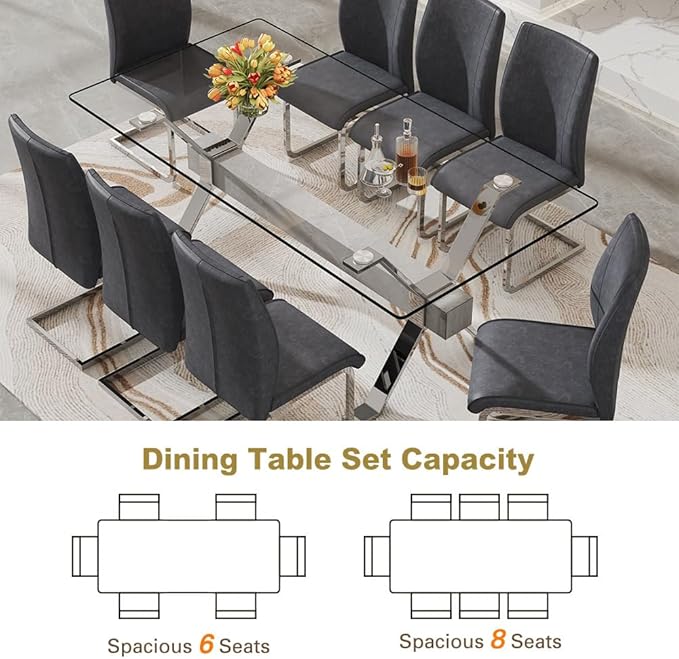 71'' Glass Dining Table Set for 8,9 Piece Dining Table Set with Tempered Glass Tabletop and Open‑Frame X‑Shaped Metal Base,Kitchen Table and Chairs Ideal for Dining Room&Home Office