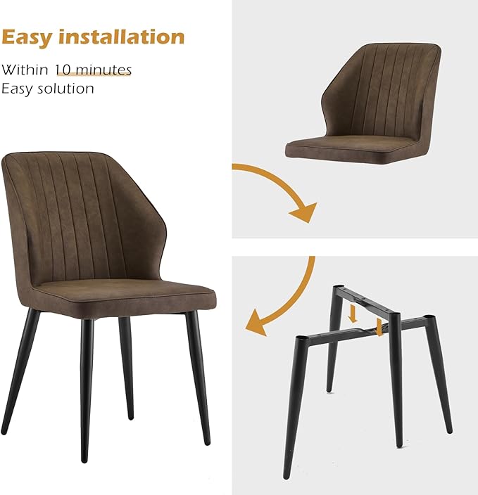 CLIPOP Faux Leather Dining Chairs Set of 2, Mid Century Modern Kitchen Chair, Upholstered Seat Leisure Side Chair with Backrests, Metal Legs for Living Room, Lounge, Guest Room, Brown